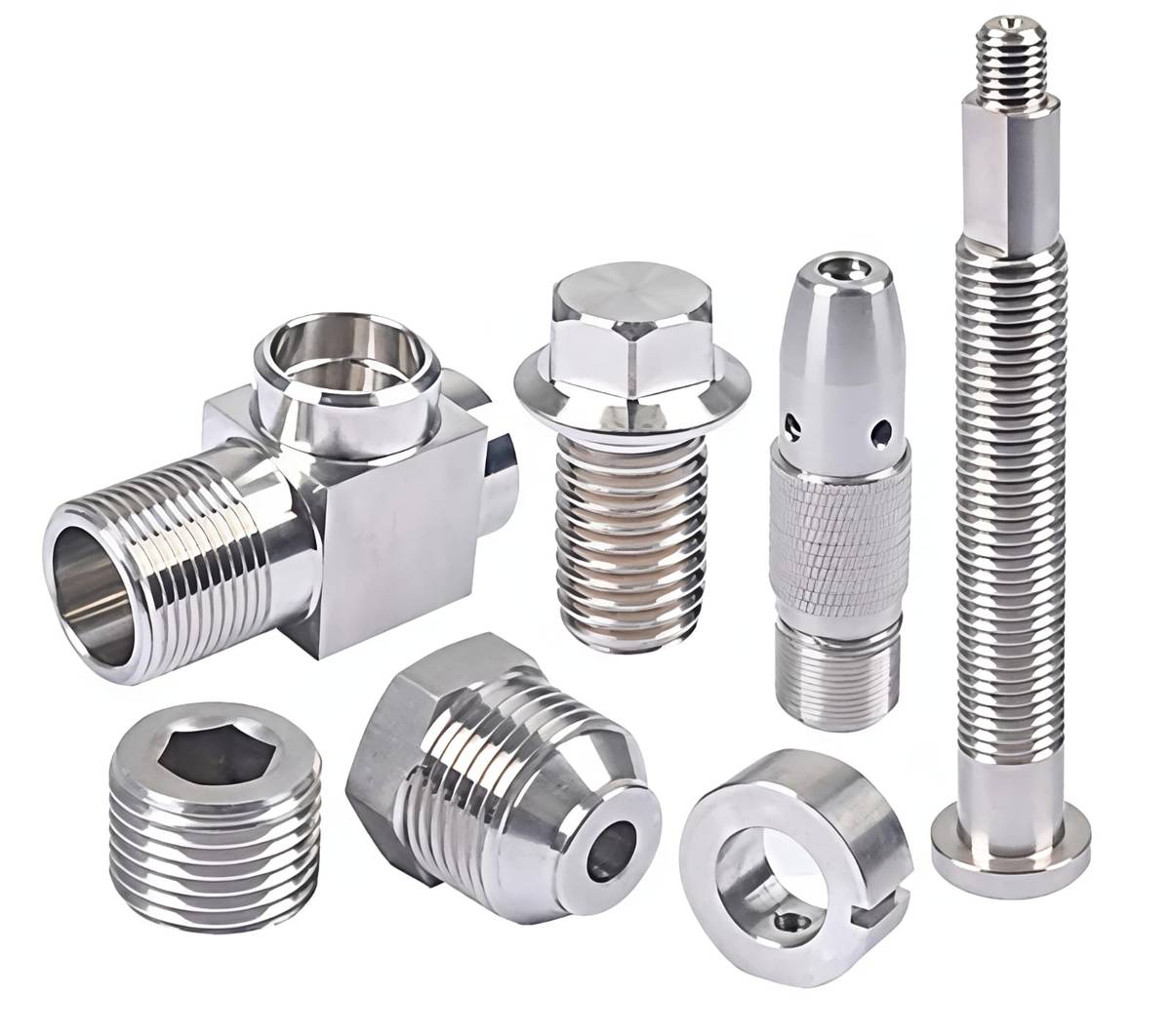 Assorted CNC Threaded Fittings, Plugs & Shaft Set